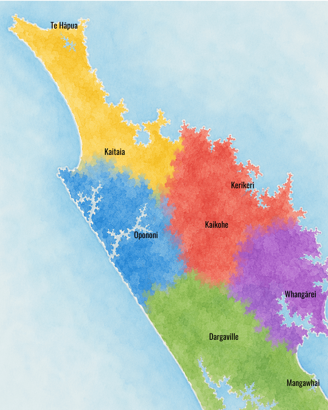 Northland regional map showing Kaipara, Hokianga, Mid-North, Whangarei, and Far-North areas